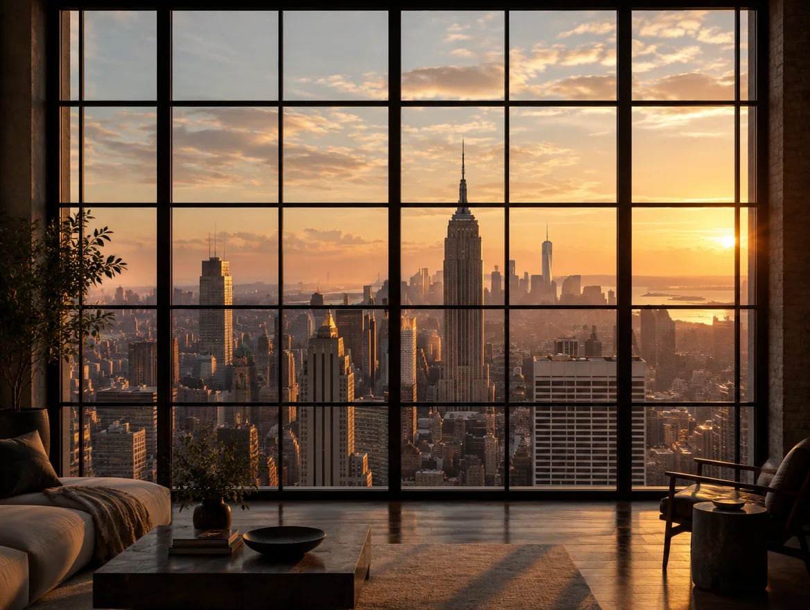 A steel-framed loft window looking out over the Manhattan skyline